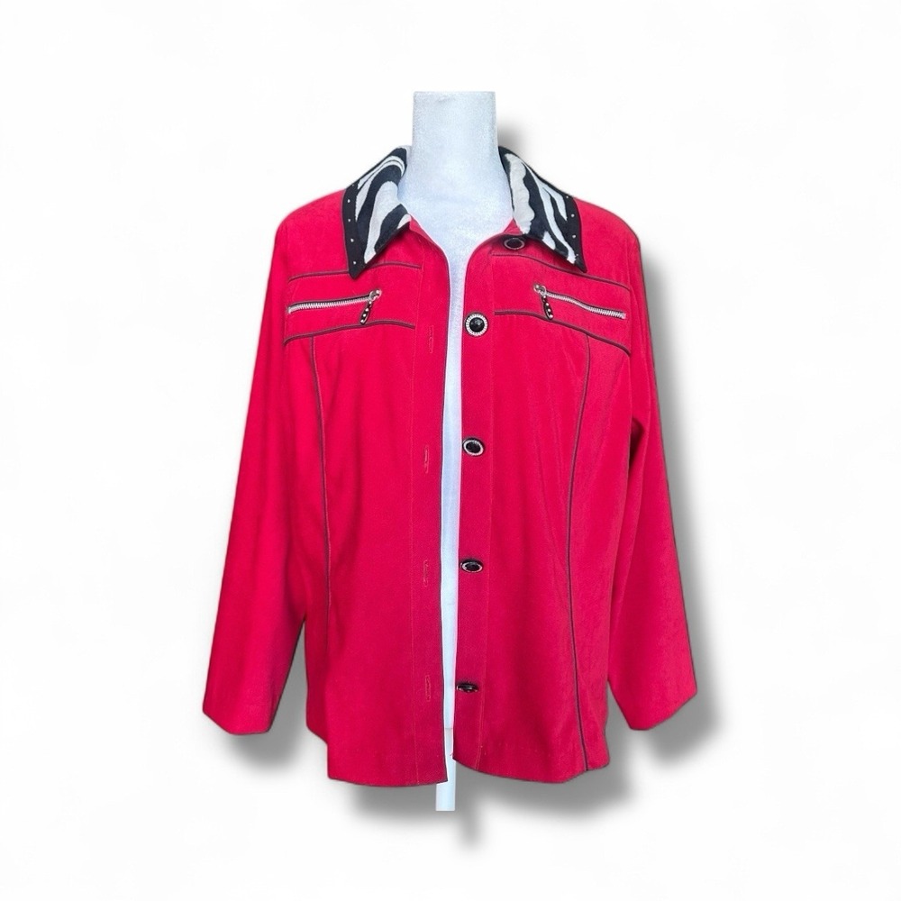 VTG Nancy Bolen City Girl Red Jacket L Zebra Print Collar Button Up Retro Y2K